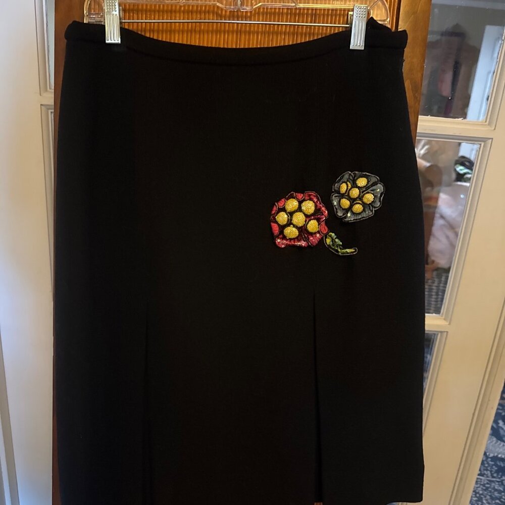 Etcetera Wool Pleated Skirt Size 12 Black Lined Sequin Floral A-Line Knee Length